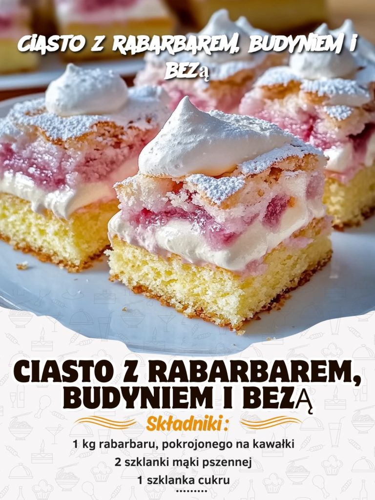 Ciasto z rabarbarem, budyniem i bezą