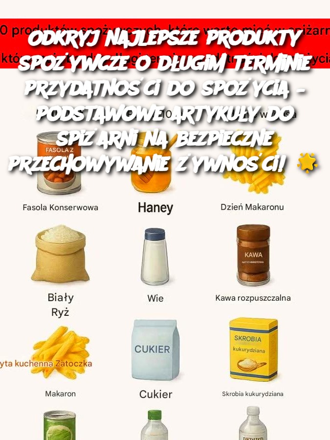 Odkryj najlepsze produkty spożywcze o długim terminie przydatności do spożycia – podstawowe artykuły do spiżarni na bezpieczne przechowywanie żywności! 🌟