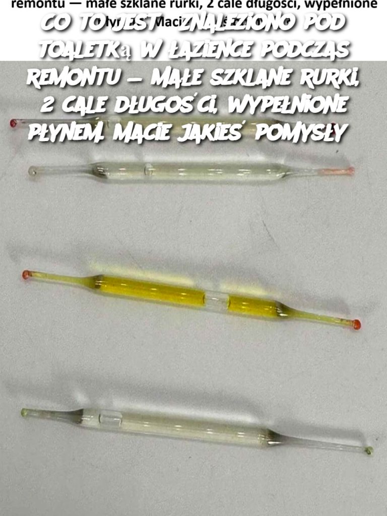 Co to jest? Znaleziono pod toaletką w łazience podczas remontu — małe szklane rurki, 2 cale długości, wypełnione płynem. Macie jakieś pomysły?